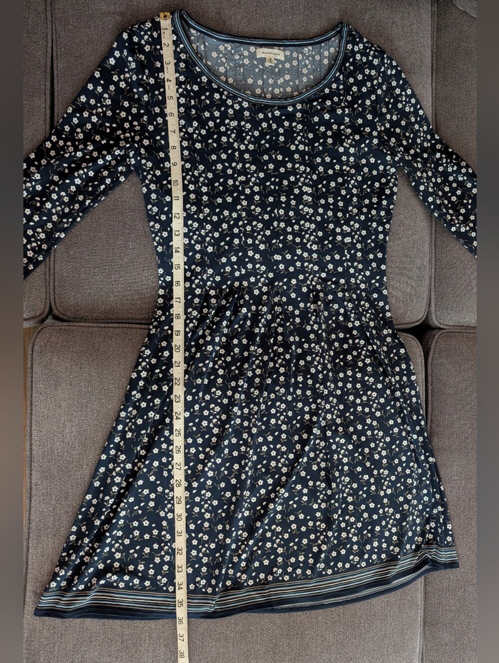 Max Studio Navy and White Floral Long-Sleeve Fit & Flare Dress - Picture 8 of 9